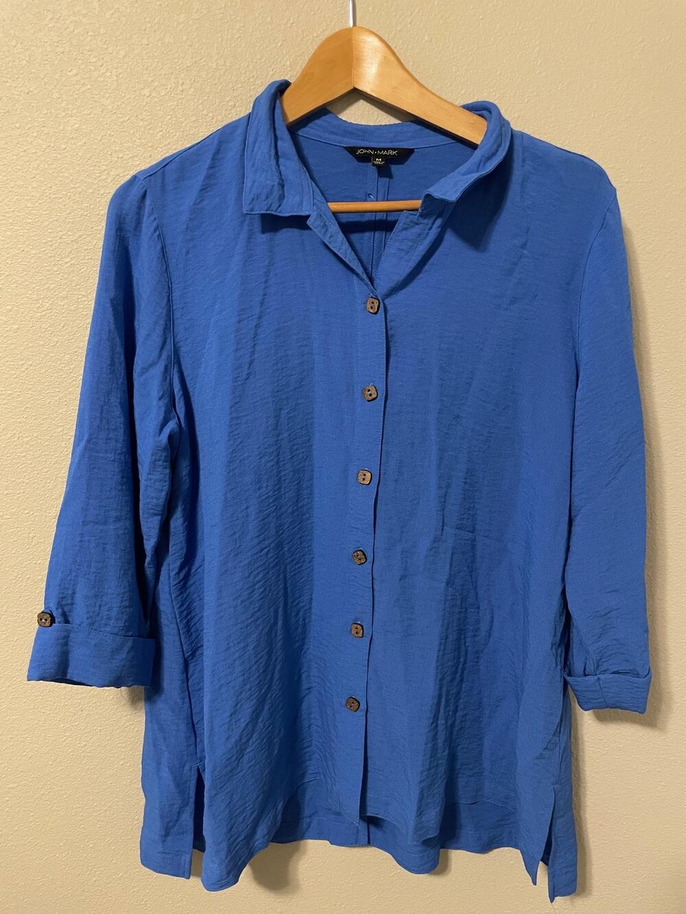 John Mark Tunic Top Womens Medium Blue Button Front Back Button Boho Relaxed